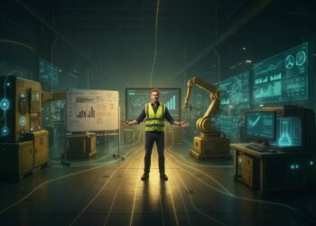 Líder industrial no centro de um chão de fábrica, integrando o mundo analógico do Lean Manufacturing com o universo digital da Indústria 4.0.