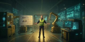 Líder industrial no centro de um chão de fábrica, integrando o mundo analógico do Lean Manufacturing com o universo digital da Indústria 4.0.