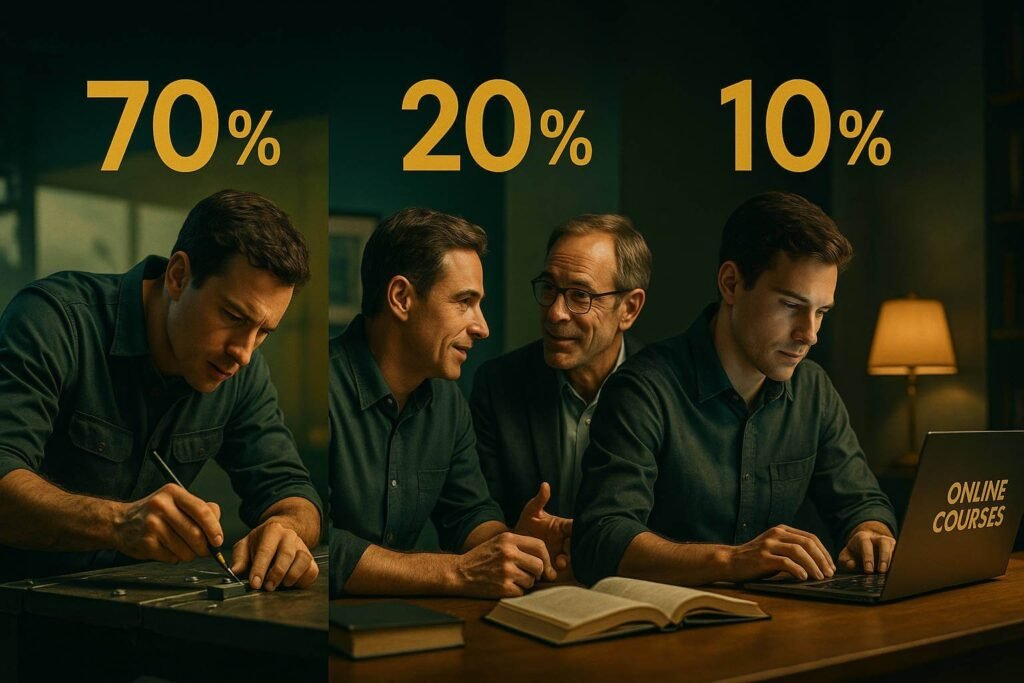 Composição visual do modelo 70-20-10, mostrando um profissional aprendendo através da prática, interação social e educação formal.