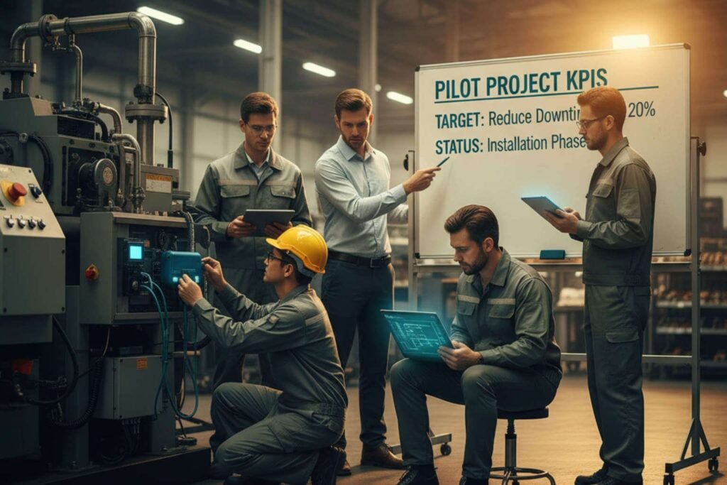 Equipe focada em um projeto piloto, implementando sensores em uma máquina-gargalo para provar o valor da Indústria 4.0.