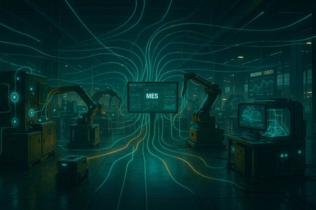 Chão de fábrica futurista com sensores IoT, robôs e dados conectados, representando o sistema nervoso da Indústria 4.0.