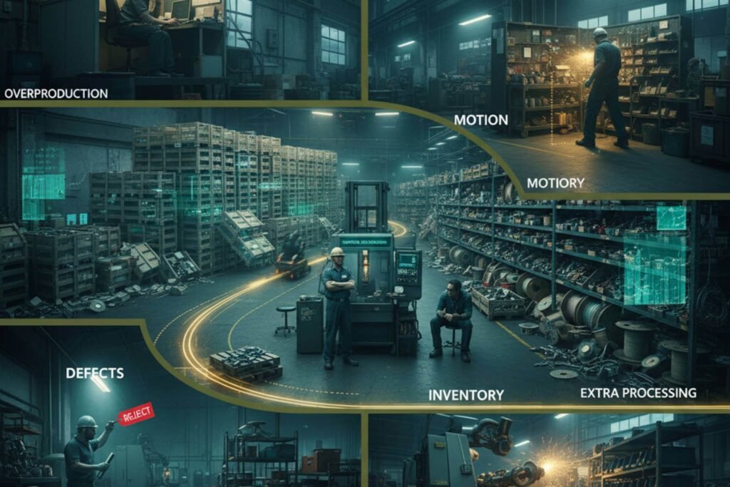 Representação visual dos 8 desperdícios do Lean Manufacturing em um ambiente de fábrica.