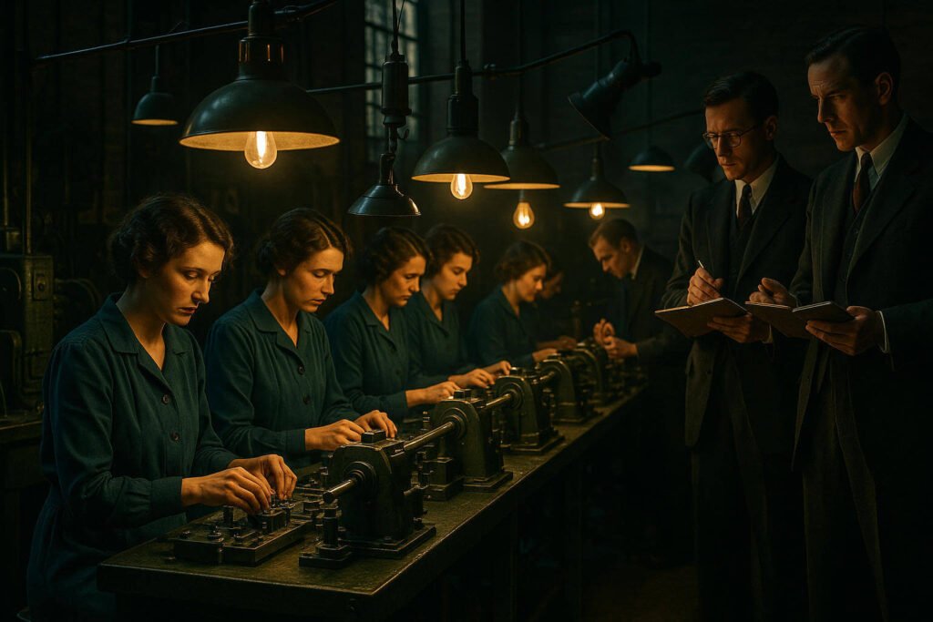 Recriação histórica dos Estudos de Hawthorne, mostrando pesquisadores observando operárias em uma fábrica nos anos 1920.