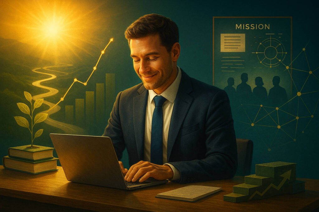 Composição conceitual de um profissional energizado, cercado por símbolos de Autonomia, Maestria e Propósito.