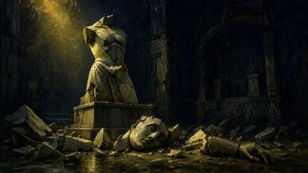 Estátua de pedra clássica despedaçada em um ambiente escuro, representando a explosão de fúria e o hard rock em Bohemian Rhapsody.