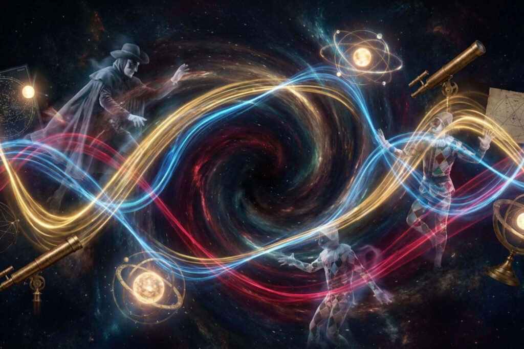 Representação visual da estrutura musical de Bohemian Rhapsody, focando na caótica e genial seção de ópera com referências a Galileo, Figaro e Scaramouche em um vórtice cósmico.