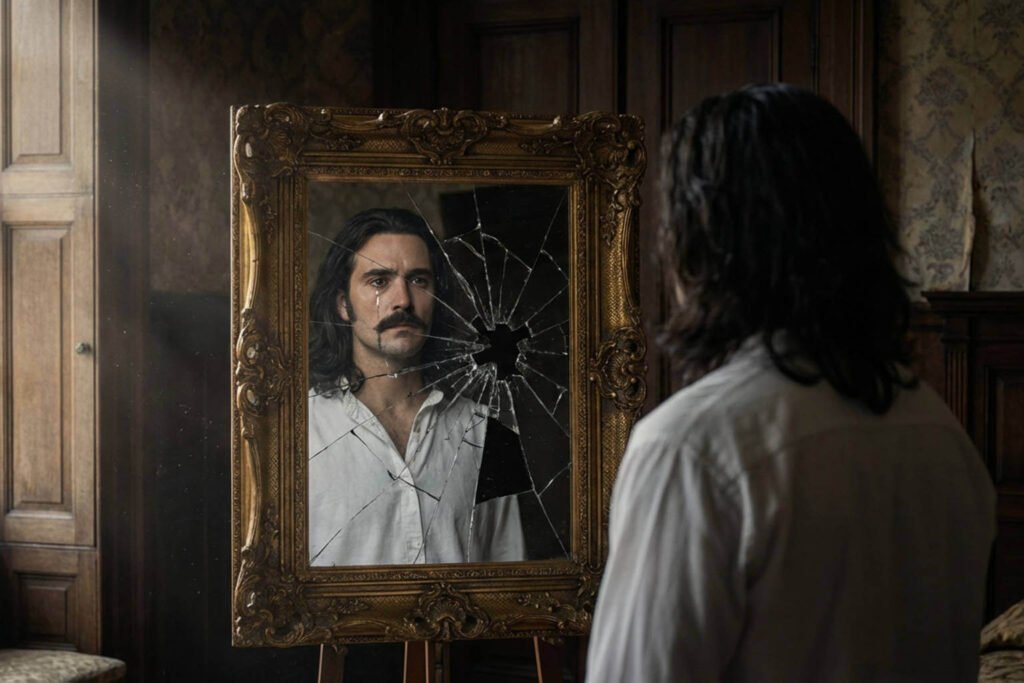 Análise da letra de Bohemian Rhapsody, com imagem de um homem se olhando em um espelho quebrado, simbolizando a crise de identidade e a confissão na canção.