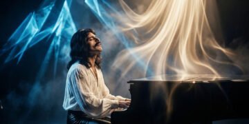 Análise do significado de Bohemian Rhapsody, com imagem de Freddie Mercury ao piano, dividido, simbolizando a batalha pela sua alma.