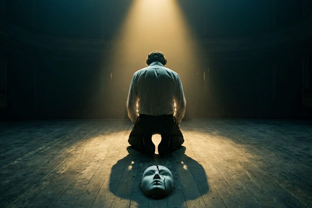 Arte conceitual sobre o significado de Bohemian Rhapsody, mostrando um homem de joelhos em um palco, com uma máscara de seu próprio rosto rachada no chão, simbolizando a confissão e a morte de uma persona.