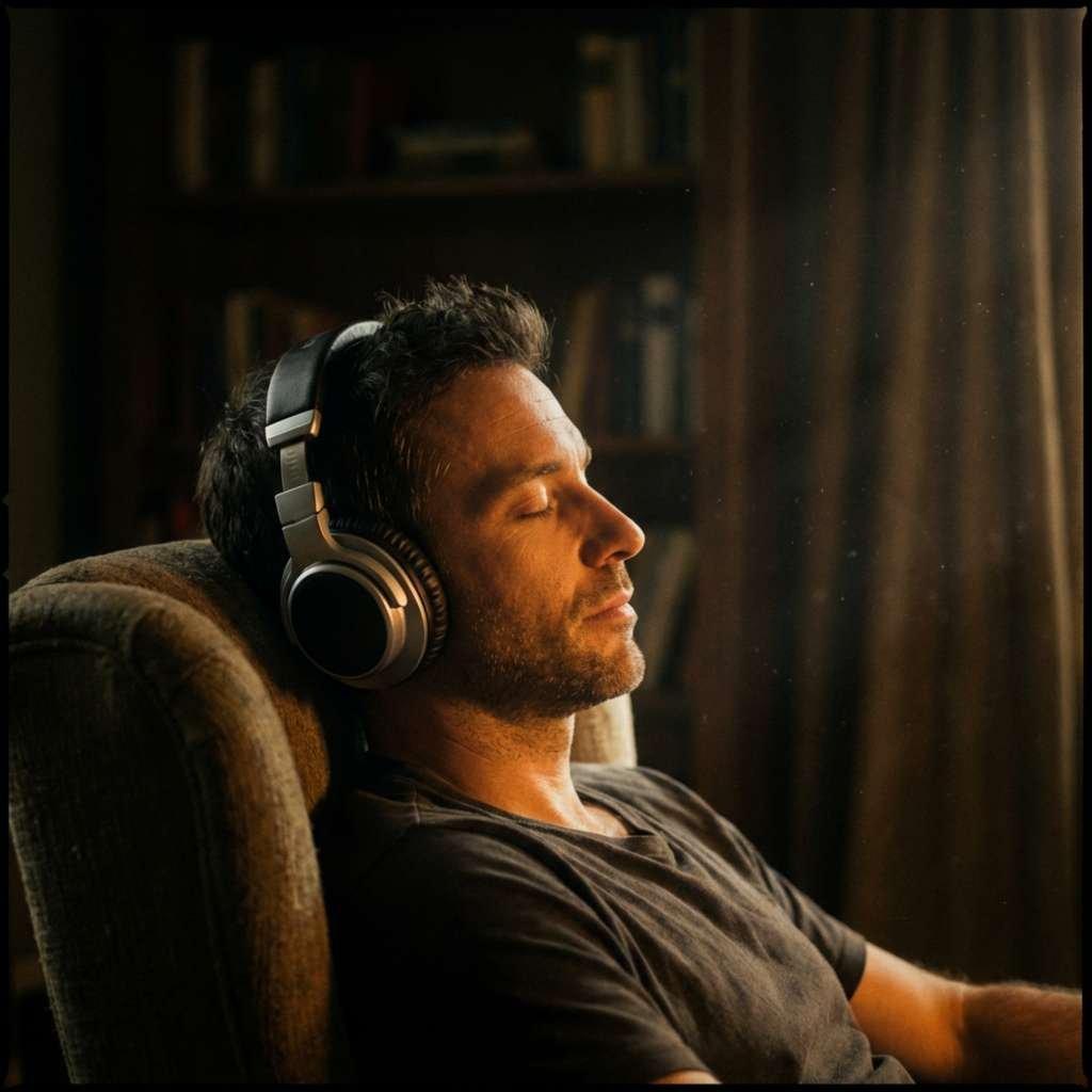 Homem sentado em uma poltrona com os olhos fechados, ouvindo música com fones de ouvido em um ambiente com pouca luz.