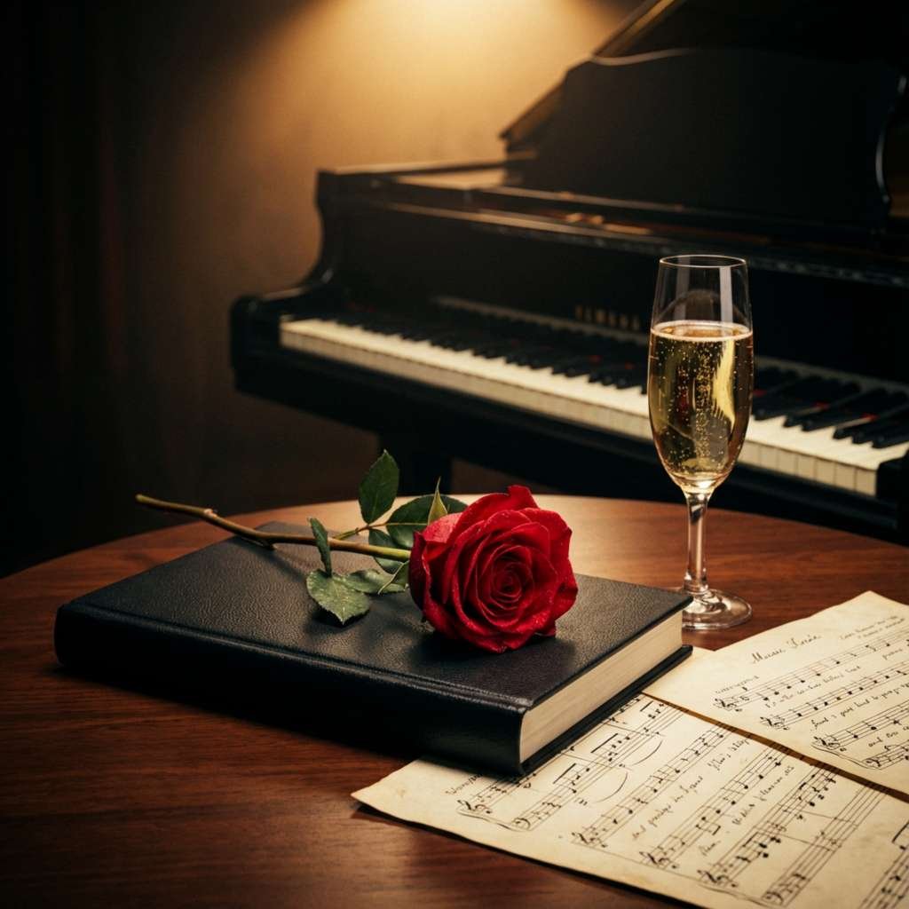 Cena artística com um livro aberto, uma rosa vermelha e uma taça de champanhe descansando sobre as teclas de um piano de cauda.