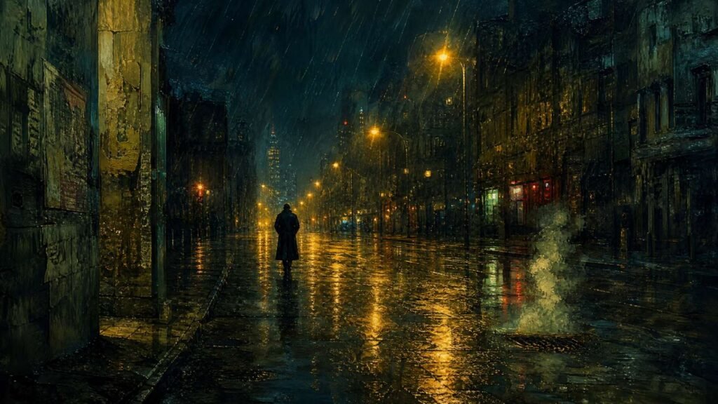 Rua escura e chuvosa à noite com uma figura solitária, representando a estética grunge e a melancolia da música Black.