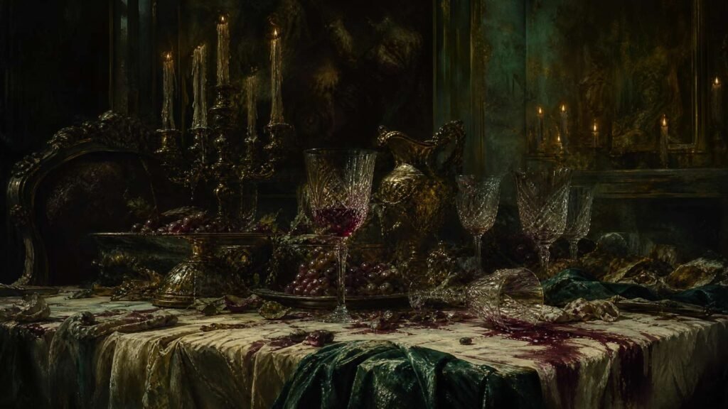 Mesa de banquete luxuosa mas decadente com vinho tinto derramado, simbolizando os excessos e a prisão dos hóspedes do hotel.