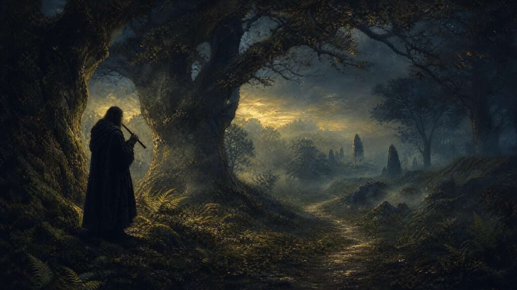 Silhueta misteriosa de um flautista em uma floresta celta enevoada, representando o guia espiritual mencionado na música do Led Zeppelin.