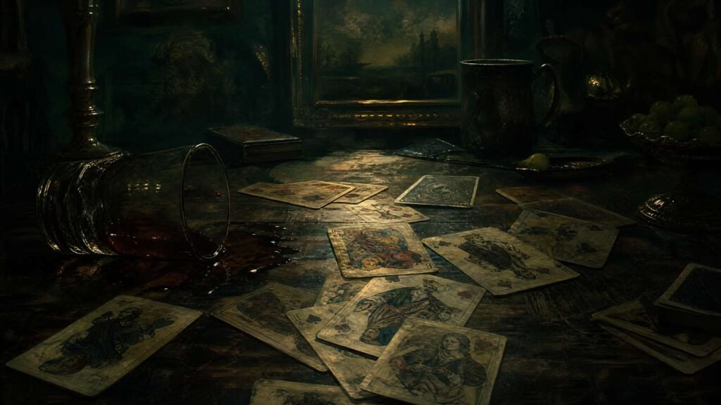 Cartas de baralho antigas espalhadas sobre uma mesa escura, representando a fuga do narrador para seu próprio mundo interior na letra da música.