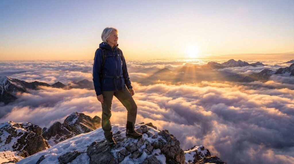 Profissional sênior no topo de uma montanha ao nascer do sol, simbolizando o auge da carreira e a visão estratégica que a experiência proporciona.