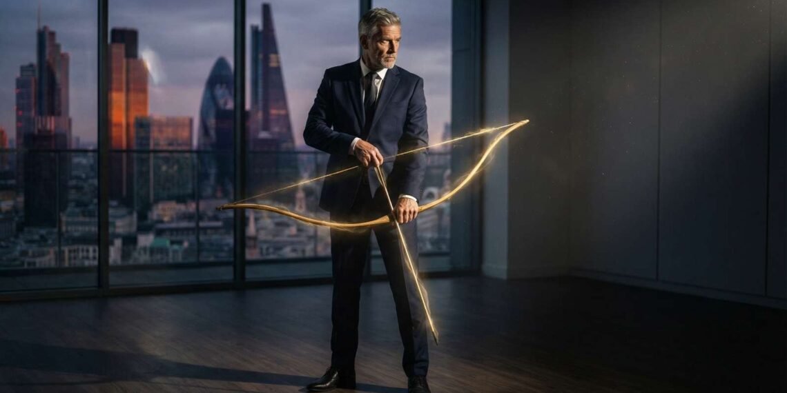 Executivo sênior, representando o profissional 50+, segura um arco dourado em uma sala de reunião, simbolizando o poder da experiência contra o etarismo.