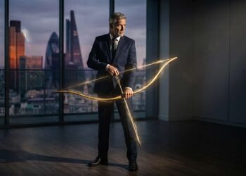 Executivo sênior, representando o profissional 50+, segura um arco dourado em uma sala de reunião, simbolizando o poder da experiência contra o etarismo.