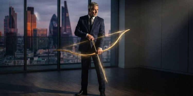 Executivo sênior, representando o profissional 50+, segura um arco dourado em uma sala de reunião, simbolizando o poder da experiência contra o etarismo.