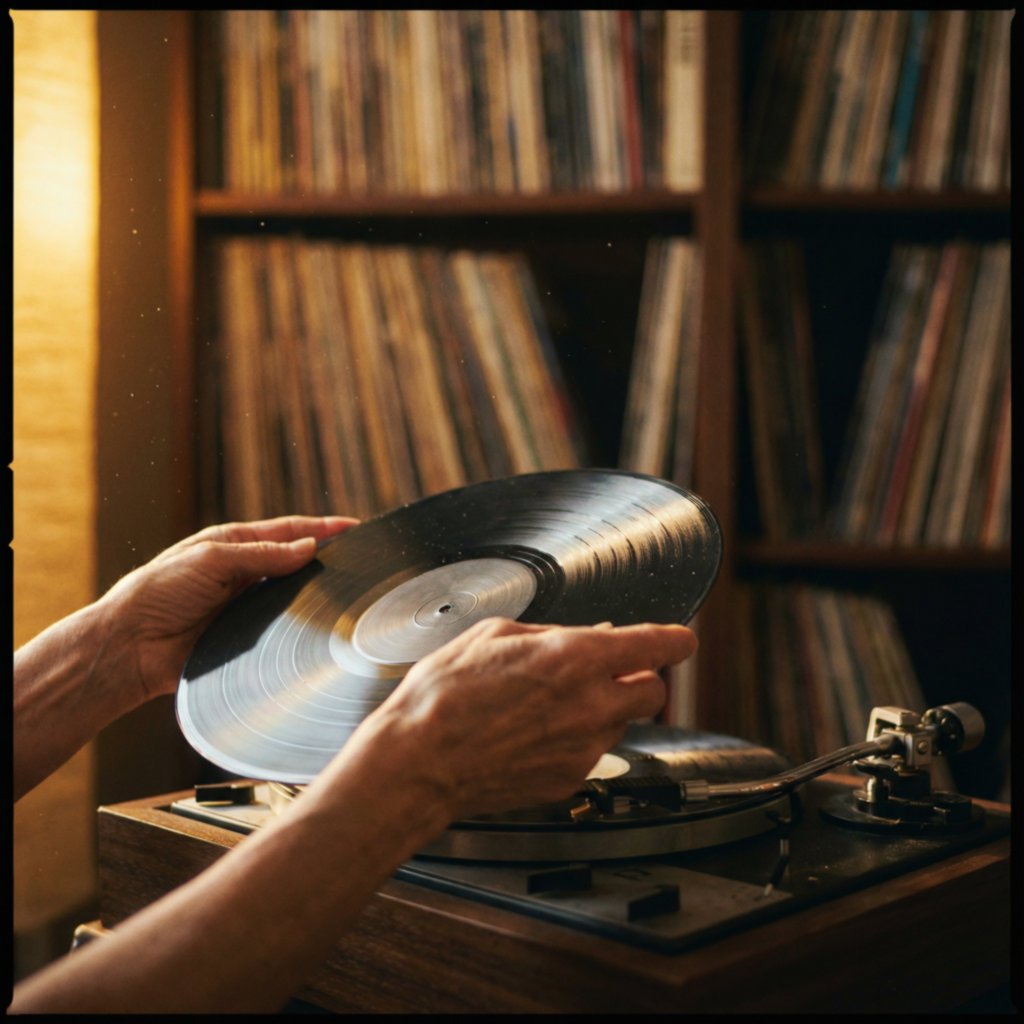 Imagem evocativa da experiência de colecionar vinis, com as mãos de uma pessoa manuseando cuidadosamente um disco de vinil em uma sala com prateleiras de álbuns.