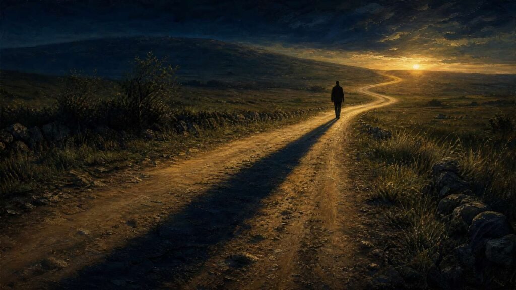 Sombras longas projetadas em uma estrada de terra ao entardecer, ilustrando o verso de Stairway to Heaven sobre sombras maiores que a alma.