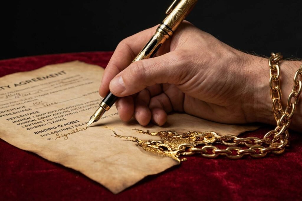 Ilustração da teoria sobre o significado de Hotel California como uma crítica à indústria musical, mostrando um contrato de música dourado se transformando em correntes.