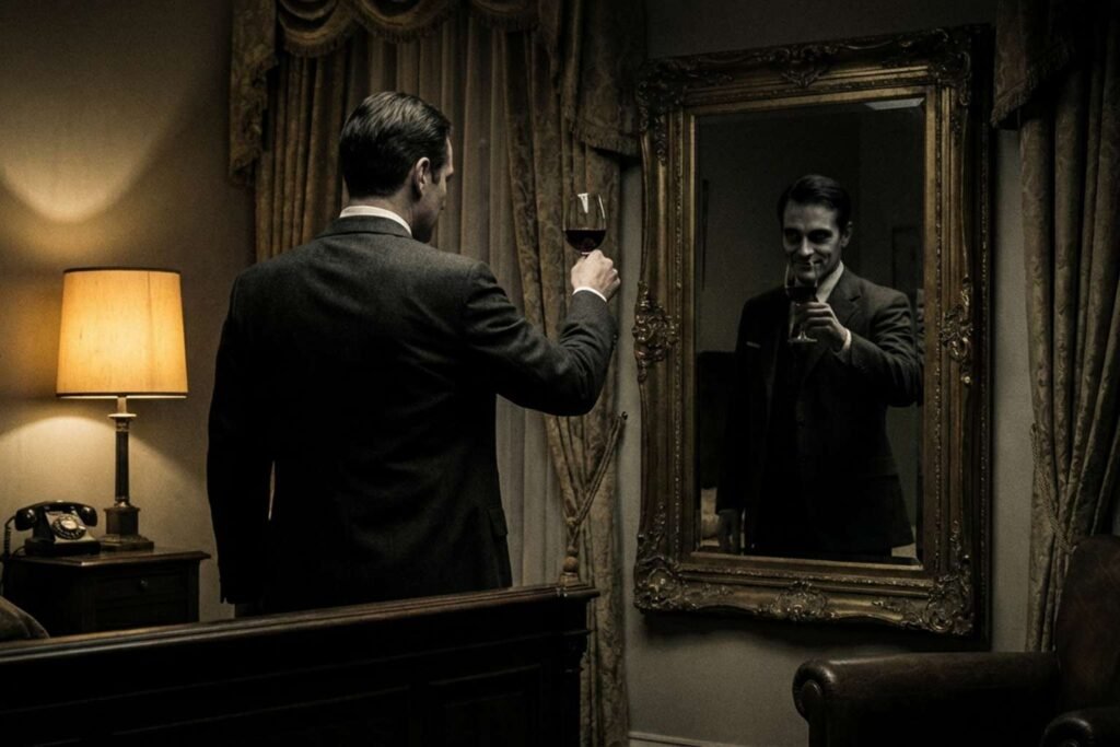 Representação filosófica do significado de Hotel California como um pacto com a sombra, mostrando um homem brindando com seu próprio reflexo sombrio e distorcido em um espelho.