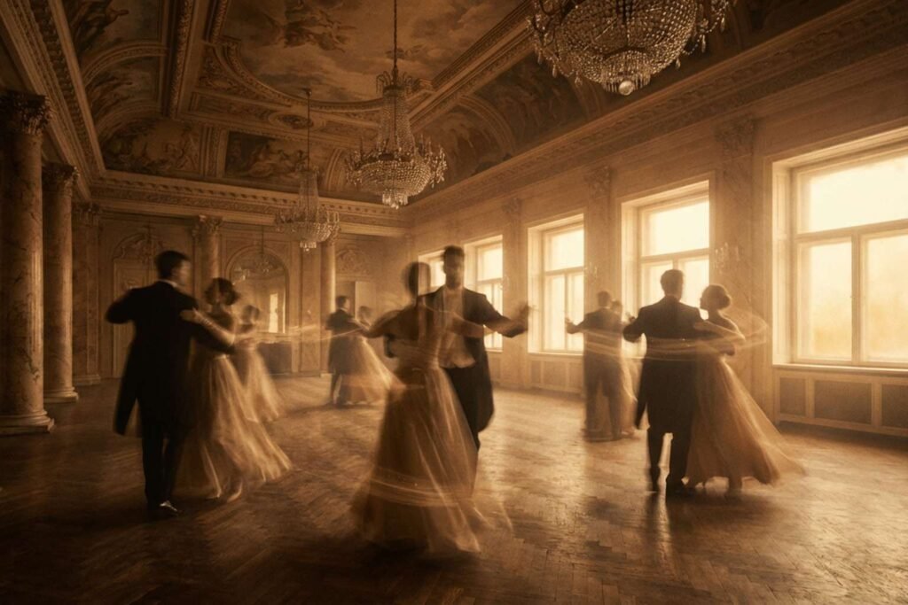 Arte conceitual da teoria do purgatório para o significado de Hotel California, mostrando silhuetas dançando em um salão de baile luxuoso, mas presas em um loop temporal.