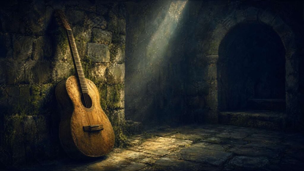 Violão acústico antigo encostado em uma parede de pedra, simbolizando a introdução pastoral e medieval de Stairway to Heaven.