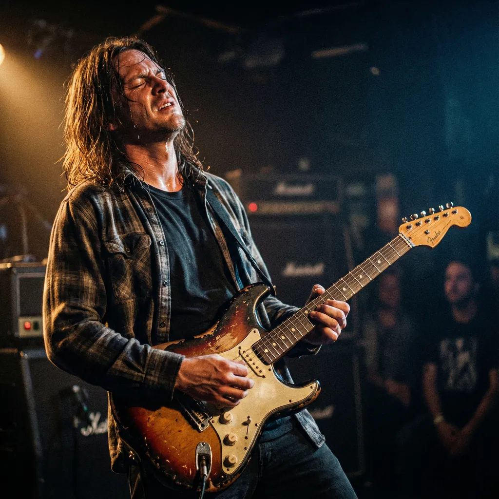 Guitarrista tocando um solo intenso, inspirado na emoção da música Black, do Pearl Jam, para um card sobre como aprender a tocar guitarra.