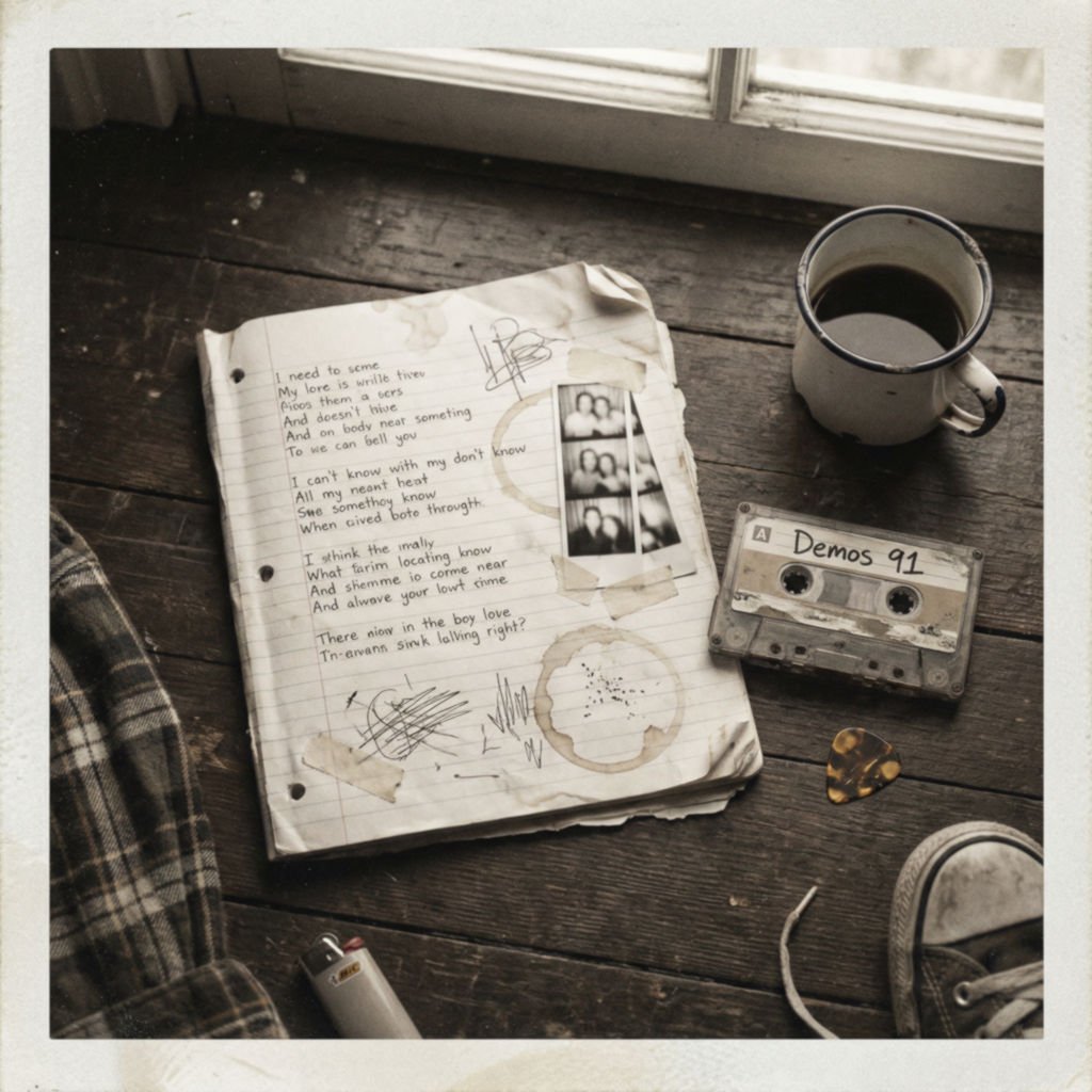 Cena nostálgica para o livro Pearl Jam Twenty: um caderno com letras de música, uma fita cassete "Demos 91" e outros itens dos anos 90, simbolizando a história da banda.