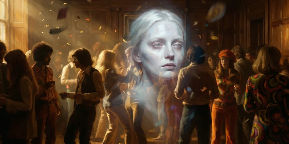 Análise do significado, A Whiter Shade of Pale: imagem surrealista de uma mulher com o rosto pálido flutuando sobre uma festa dos anos 60, representando a letra da música.