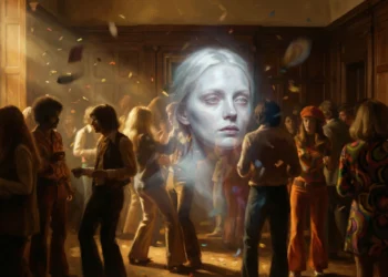 Análise do significado, A Whiter Shade of Pale: imagem surrealista de uma mulher com o rosto pálido flutuando sobre uma festa dos anos 60, representando a letra da música.