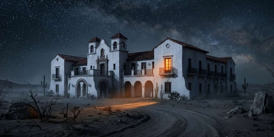 Análise completa do significado de Hotel California, com uma imagem surreal de um hotel isolado em um deserto escuro, sob um céu estrelado e ameaçador.