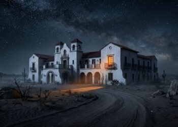 Análise completa do significado de Hotel California, com uma imagem surreal de um hotel isolado em um deserto escuro, sob um céu estrelado e ameaçador.