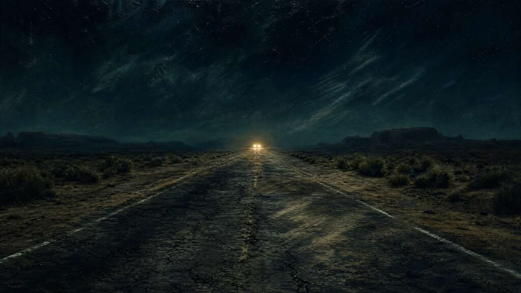 Estrada escura e deserta à noite, simbolizando o início da jornada e a alucinação descrita na letra de Hotel California.