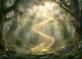 Imagem que representa o real significado, Stairway to Heaven é uma escada de luz mística subindo de uma floresta antiga para as nuvens, ilustrando a análise da canção.