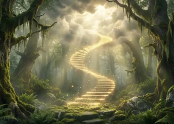 Imagem que representa o real significado, Stairway to Heaven é uma escada de luz mística subindo de uma floresta antiga para as nuvens, ilustrando a análise da canção.