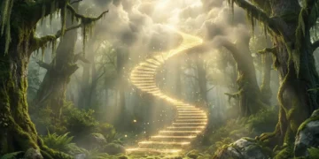 Imagem que representa o real significado, Stairway to Heaven é uma escada de luz mística subindo de uma floresta antiga para as nuvens, ilustrando a análise da canção.