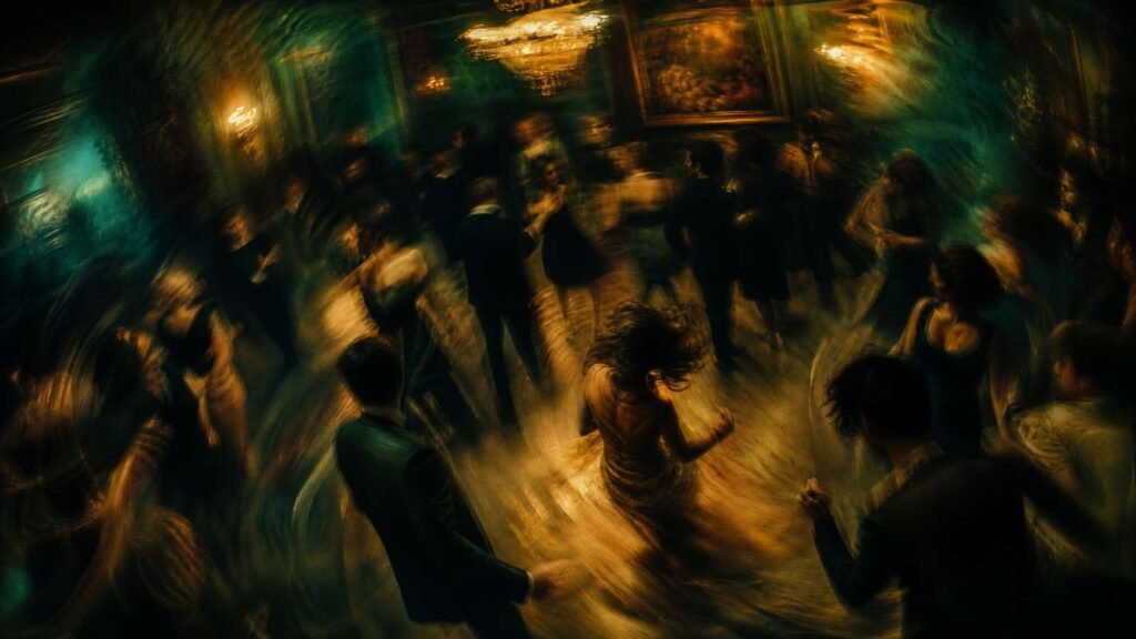Visão distorcida e surreal de uma festa dos anos 60, simbolizando a tontura e o caos descritos no início da música A Whiter Shade of Pale.