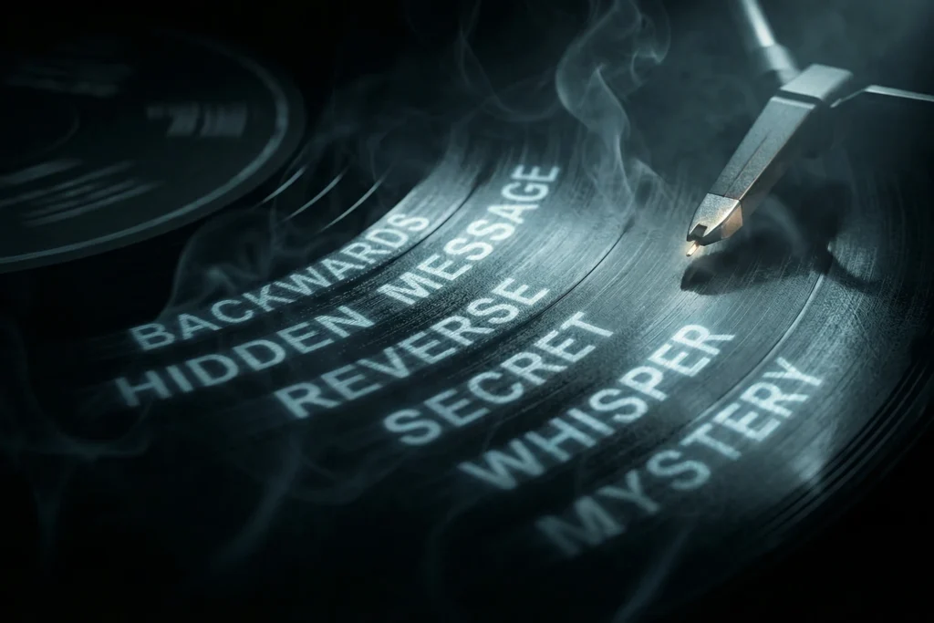 Arte conceitual sobre a controvérsia do backmasking em Stairway to Heaven, mostrando um disco de vinil com sulcos que formam palavras sombrias e fantasmagóricas.