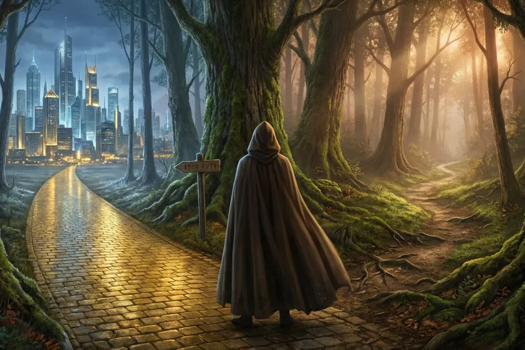 Ilustração que explora o significado, Stairway to Heaven mostra uma figura diante de dois caminhos em uma floresta, simbolizando a jornada espiritual da letra.