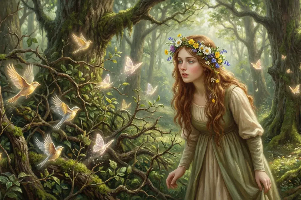 Representação da teoria esotérica de Stairway to Heaven, com a figura da Rainha de Maio em uma floresta, simbolizando a renovação.