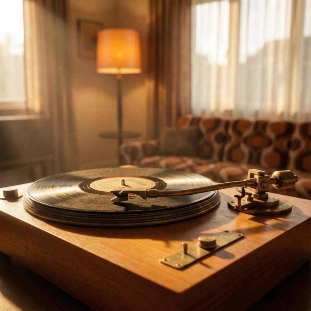 Toca-discos de madeira vintage com vinil preto girando e braço da agulha dourado, em sala de estar anos 70 iluminada por luz golden hour com partículas de poeira flutuando no ar