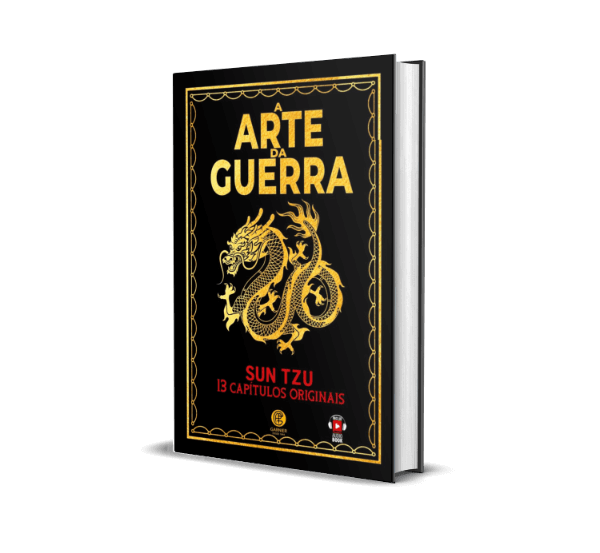 Banner do livro A Arte da Guerra de Sun Tzu, mostrando um guerreiro estilizado, com o texto: Domine a Estratégia, Conquiste a Vitória Sem Batalha.