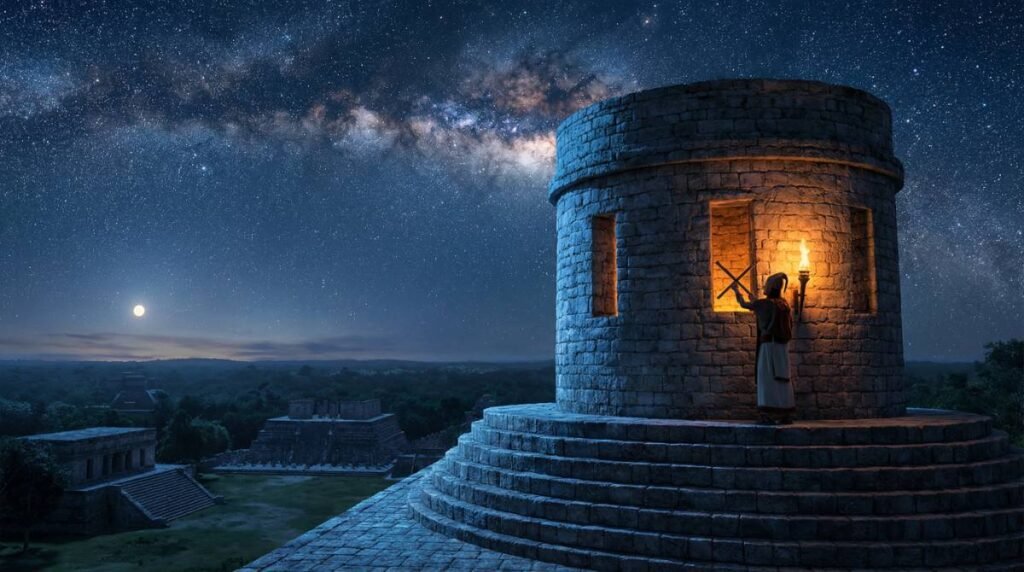 Um astrônomo maia no observatório 'El Caracol' em Chichén Itzá, mapeando os céus e os ciclos de Vênus.