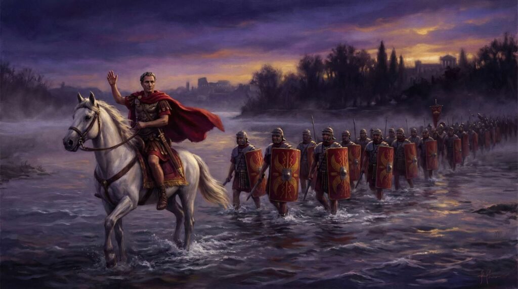 Júlio César e sua legião cruzando o rio Rubicão, desafiando o Senado Romano.