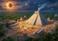 A cidade maia de Chichén Itzá durante um eclipse solar, com a pirâmide de Kukulcán ao centro, simbolizando o avançado conhecimento astronômico da civilização maia.