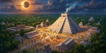 A cidade maia de Chichén Itzá durante um eclipse solar, com a pirâmide de Kukulcán ao centro, simbolizando o avançado conhecimento astronômico da civilização maia.