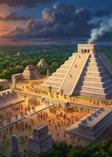 A cidade maia de Chichén Itzá durante um eclipse solar, com a pirâmide de Kukulcán ao centro, simbolizando o avançado conhecimento astronômico da civilização maia.